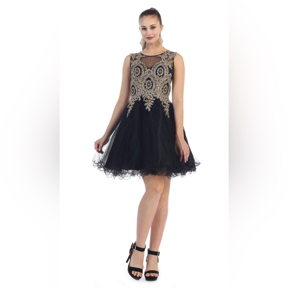 May Queen Elegant Black and Gold Mini Dress